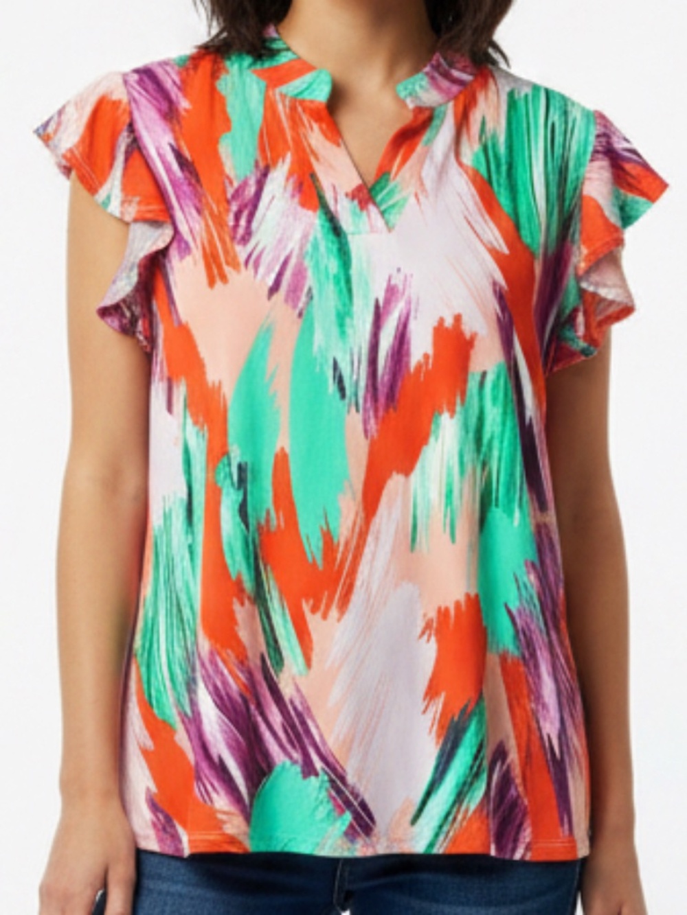 Love Is All Multicolor Abstract Brushstroke Flutter Sleeve Blouse - NWOT